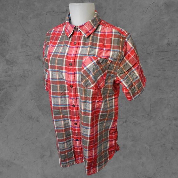 The North Face Red Olive Plaid Button-Front Short Sleeve Camp Shirt - Men's M - Picture 1 of 8